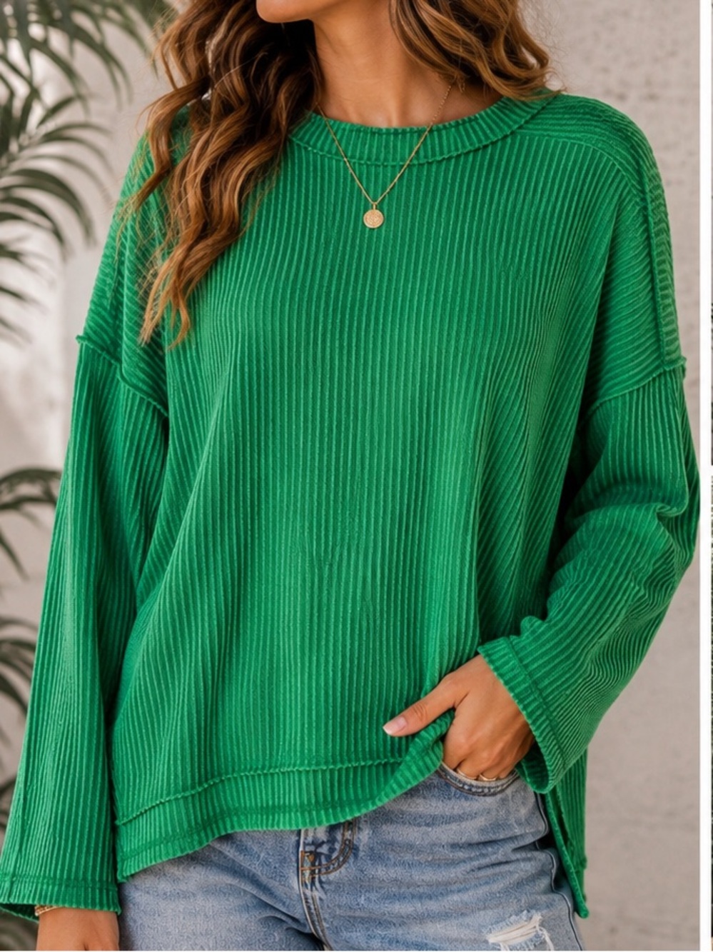 Zenana Outfitters Emerald Green Ribbed Crewneck Sweater